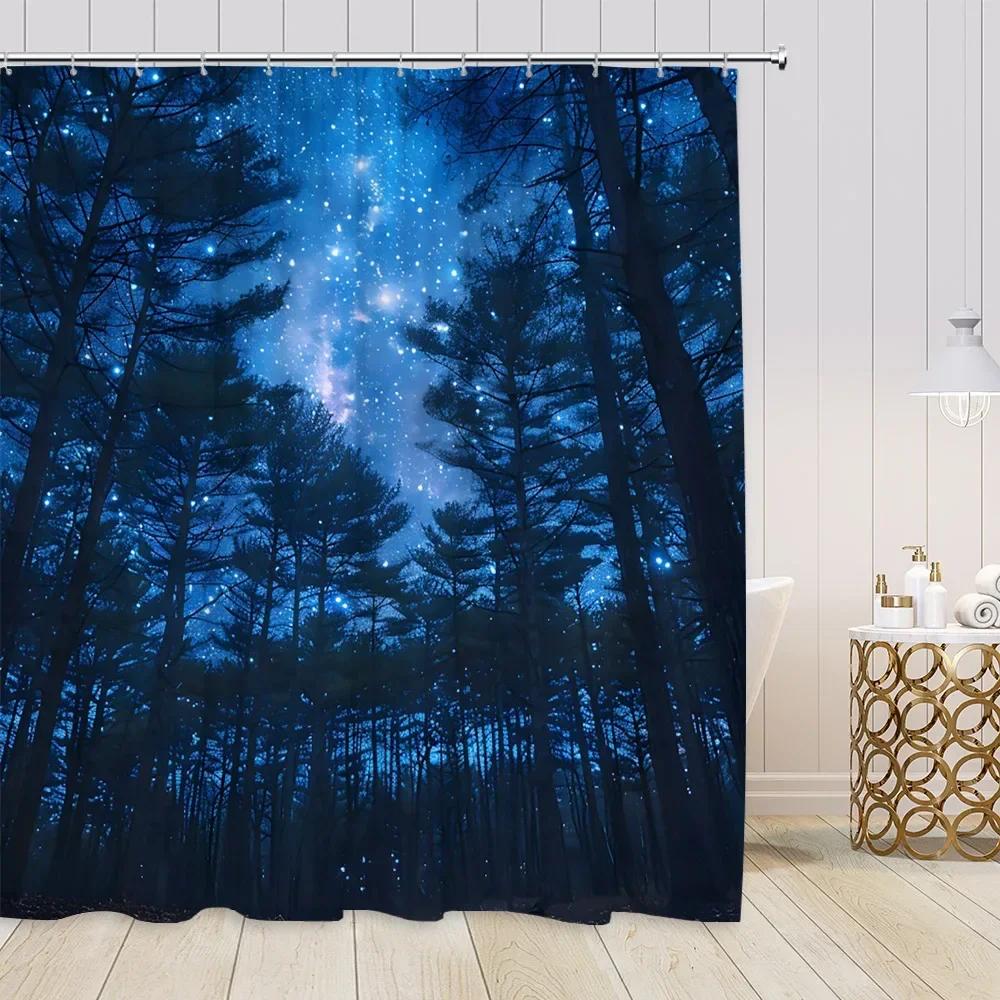 Starry Sky Night Forest View Shower Curtains Animals Fantasy Night View Pine Trees Bathroom Decorations Modern Bath Curtains