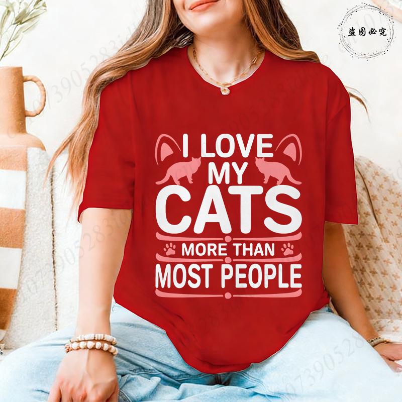 I Love My Cats More Than Most People T-Shirt for Women, Pink Cat Ear & Paw Print Graphic Tee, Harajuku Short Sleeve O Neck Tops