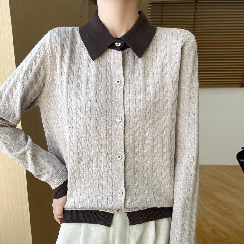 

Autumn and winter new temperament gentle wind color matching lapel knitted sweater age-reducing thin bottoming shirt comfortable top women S