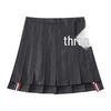 Wang Xinling High-Waisted Pleated Skirt: Short Front, Long Back, 4-Stripes, Slimming A-Line Mini Skirt.