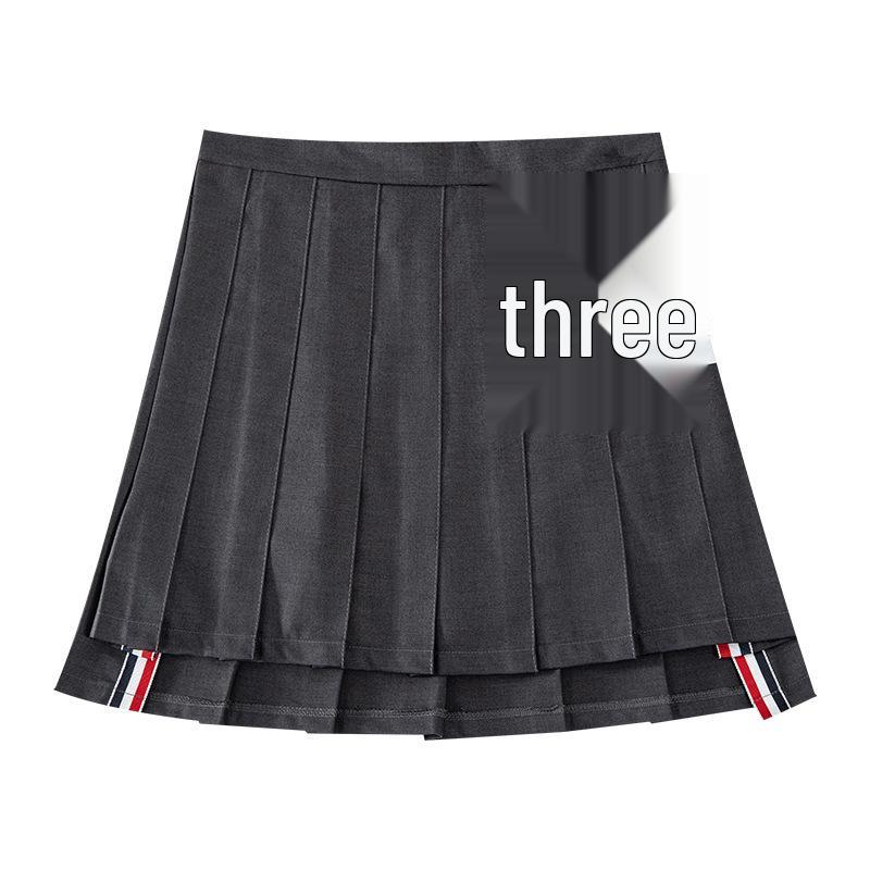 Wang Xinling High-Waisted Pleated Skirt: Short Front, Long Back, 4-Stripes, Slimming A-Line Mini Skirt.