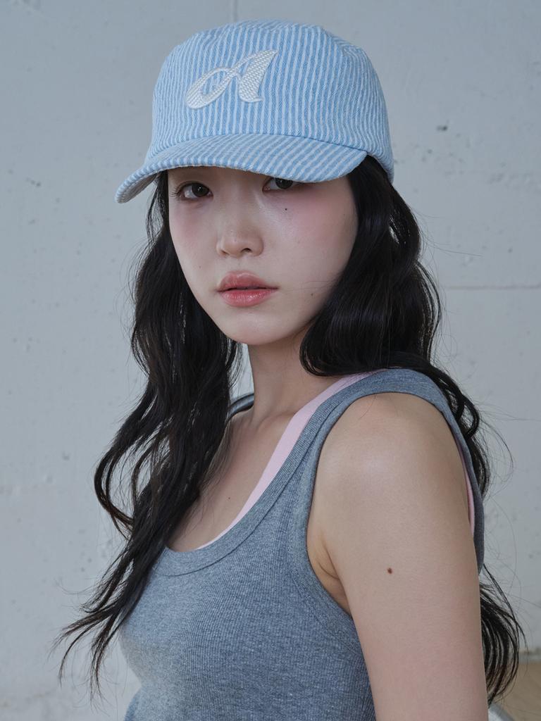 Olinkeompeulliteu Argyle Stripe Denim Pillbox Cap (Light Blue)