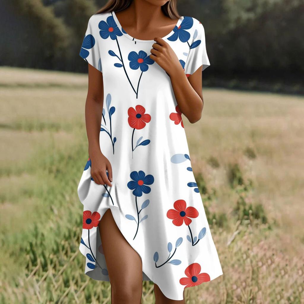 Short Sleeve Boho Dress For Women Casual Loose Fit Summer Sundress Floral Print Dress With Pockets