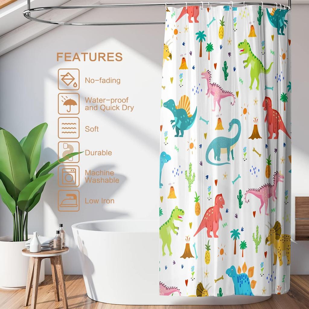 Shower Curtain Kids, Cartoon Dinosaur Shower Curtain Colorful Animals Plants For Boys Girls Polyester Fabric Waterproof Shower C