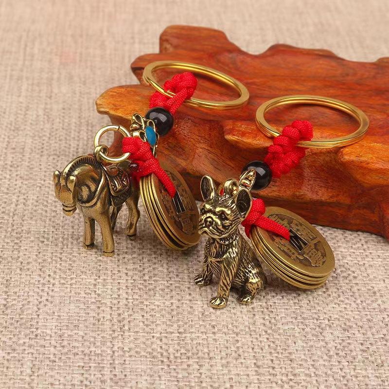 Pure Brass 12 Zodiac Keychain Pendant Five Emperors Money Lucky Key Ring Accessories Creative 3D Birth Year Women Men Bag Pendant New Year's Day Gifts