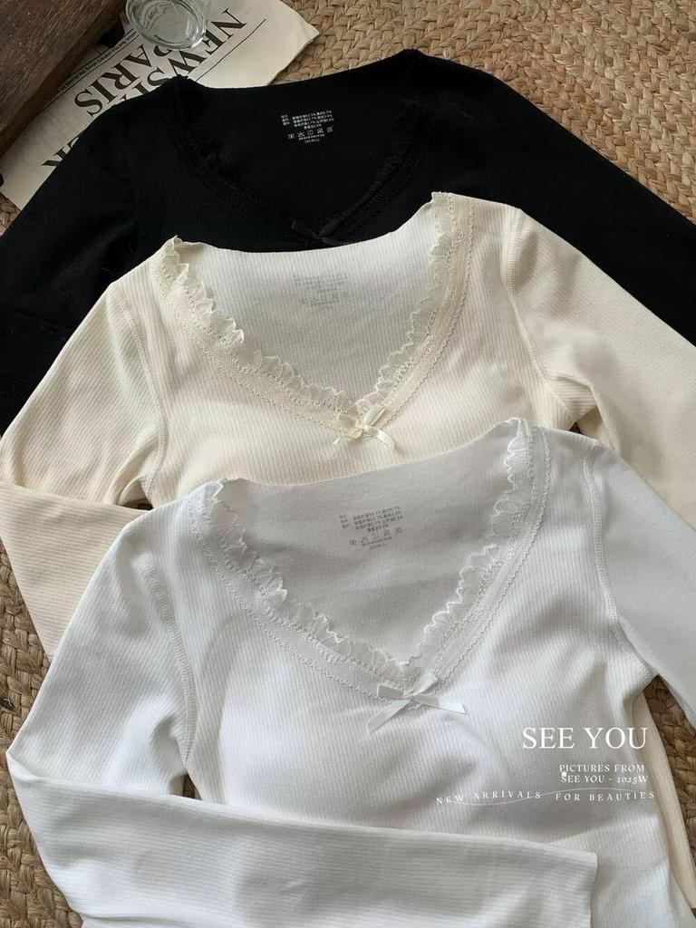 Women's Velvet Lace Base Layer Shirt - White V-neck Long Sleeve Top with Built-in Bra Pads for Autumn/Winter