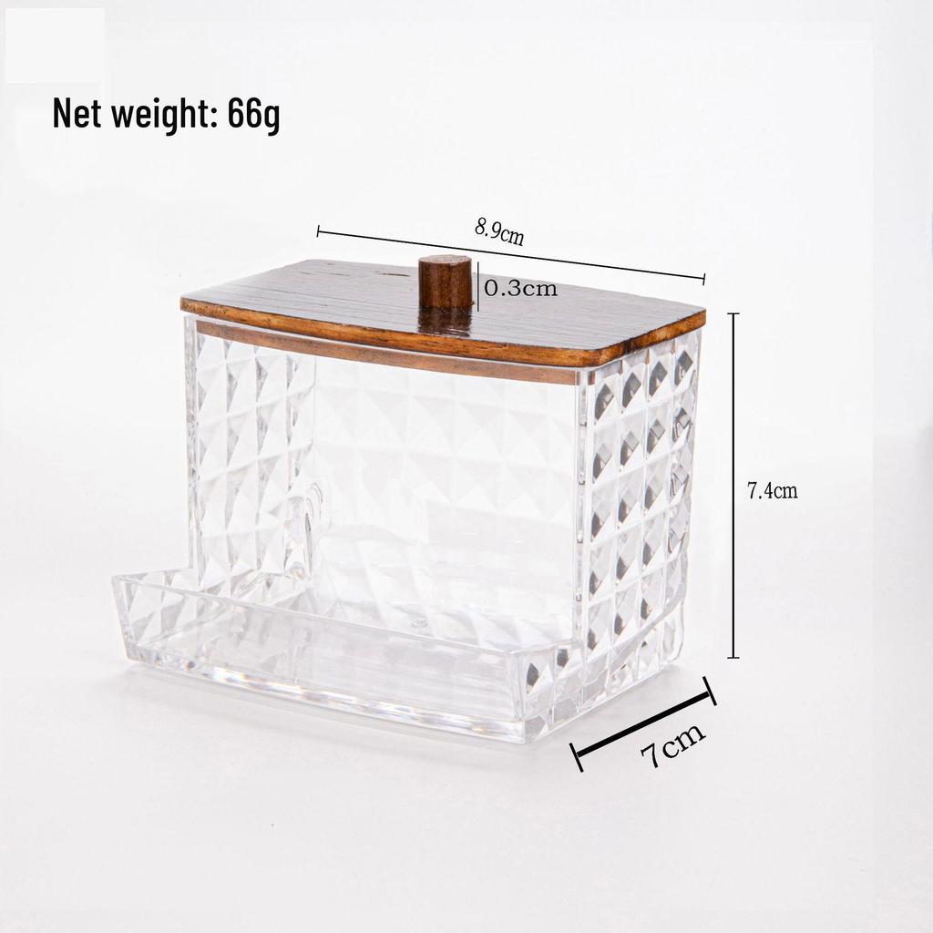 Diamond Pattern Cotton Pad Organizer with Wooden Lid - Multi-Purpose Desktop Storage Box