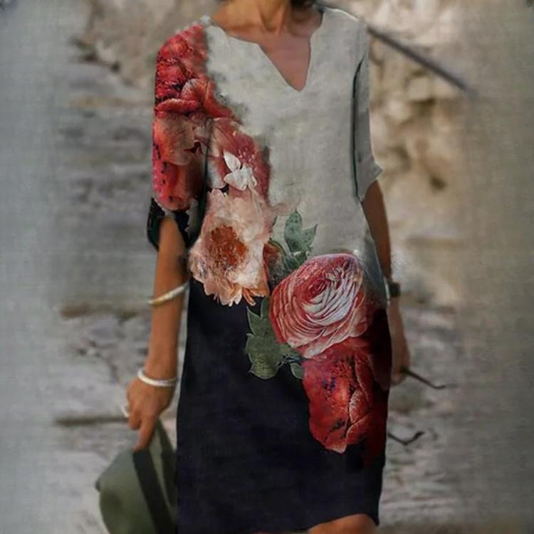 GMXIA Sommertrykk løs bambusfiber hamp blomster kortermet dame vintage litterær fem-kvarts erme med rund hals