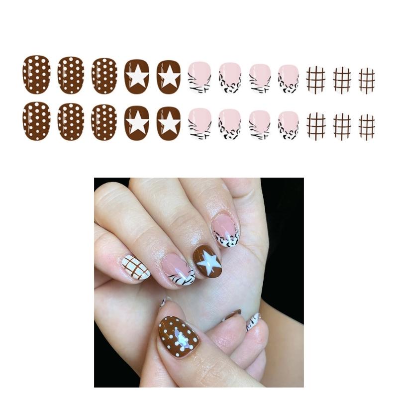 Pack Of 24 French Leopard Print Plaids Star Press On Nail Coffee Brown Polkas Dot Reusable False Nail ABS Material NoGlue Needed