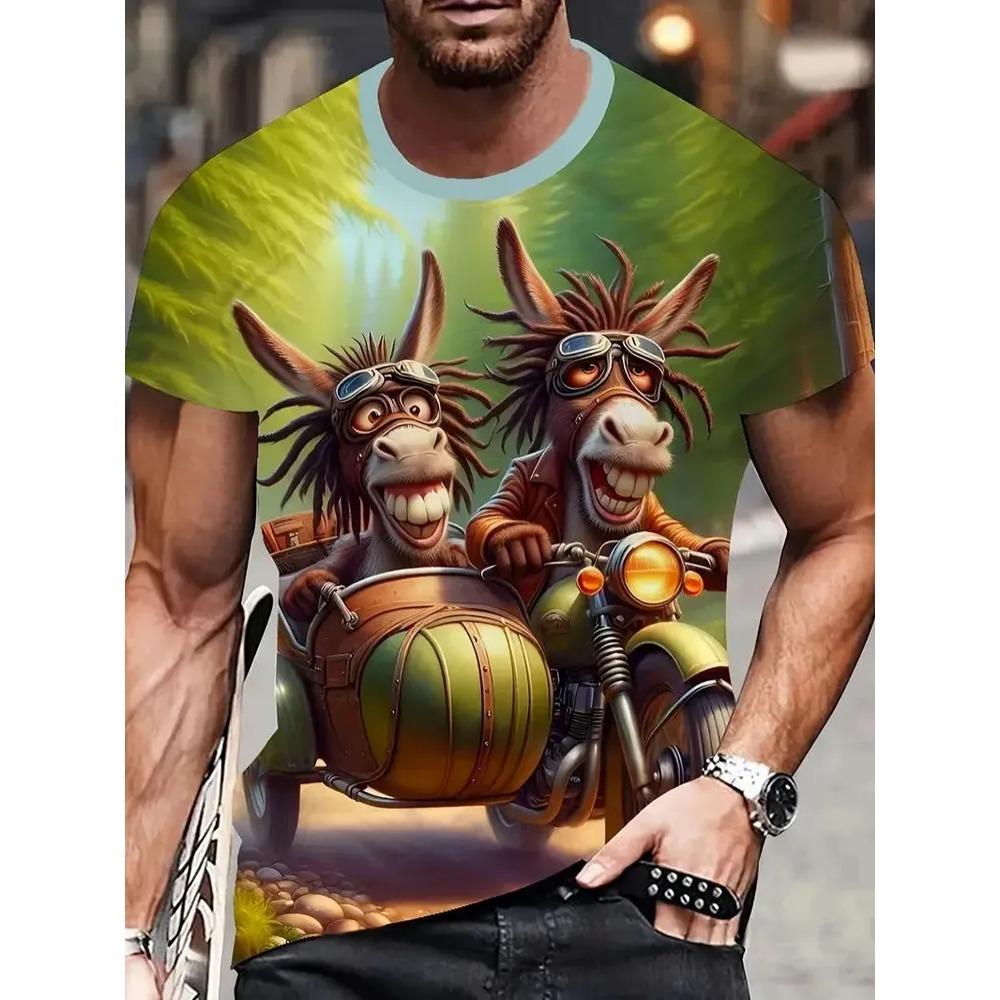 Summer Men's Fun Animal Creative 3D Printed Round Neck Short Sleeve T-shirt Fashionable Comfortable Loose Large Breathable Sports Leisure T-shirt