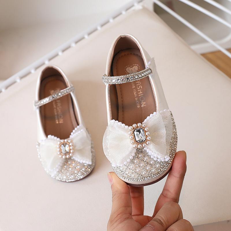 Girls Bow Rhinestone Mary Jane Shoes 21 бежевый