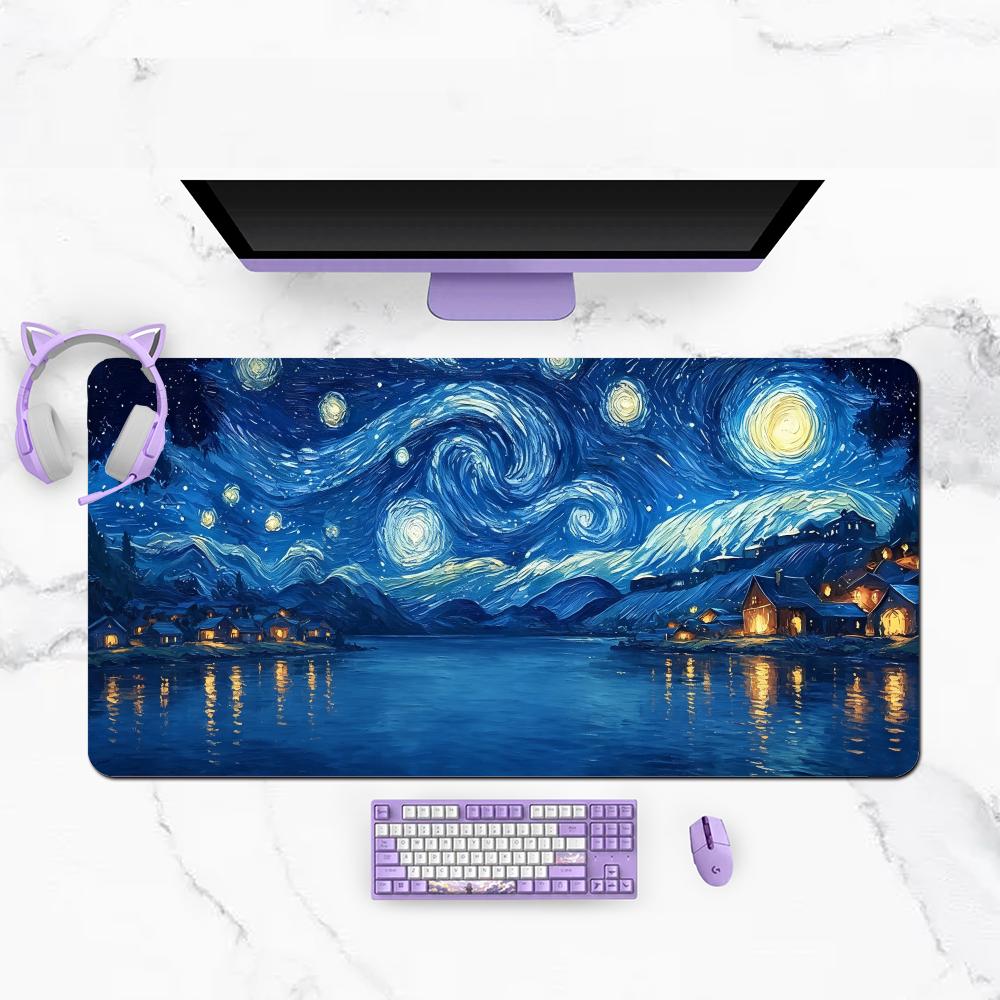 Classic Starry Night Sky Village Scenery Playmat Large Size Table Mat Learning Desktop Mousepad Laptop