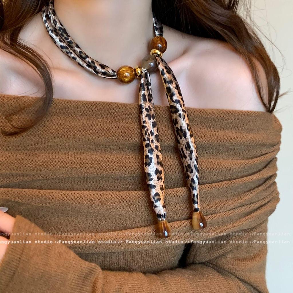 Retro Leopard Silk Scarf Necklace - Unique Women's Sweater Chain Accessory