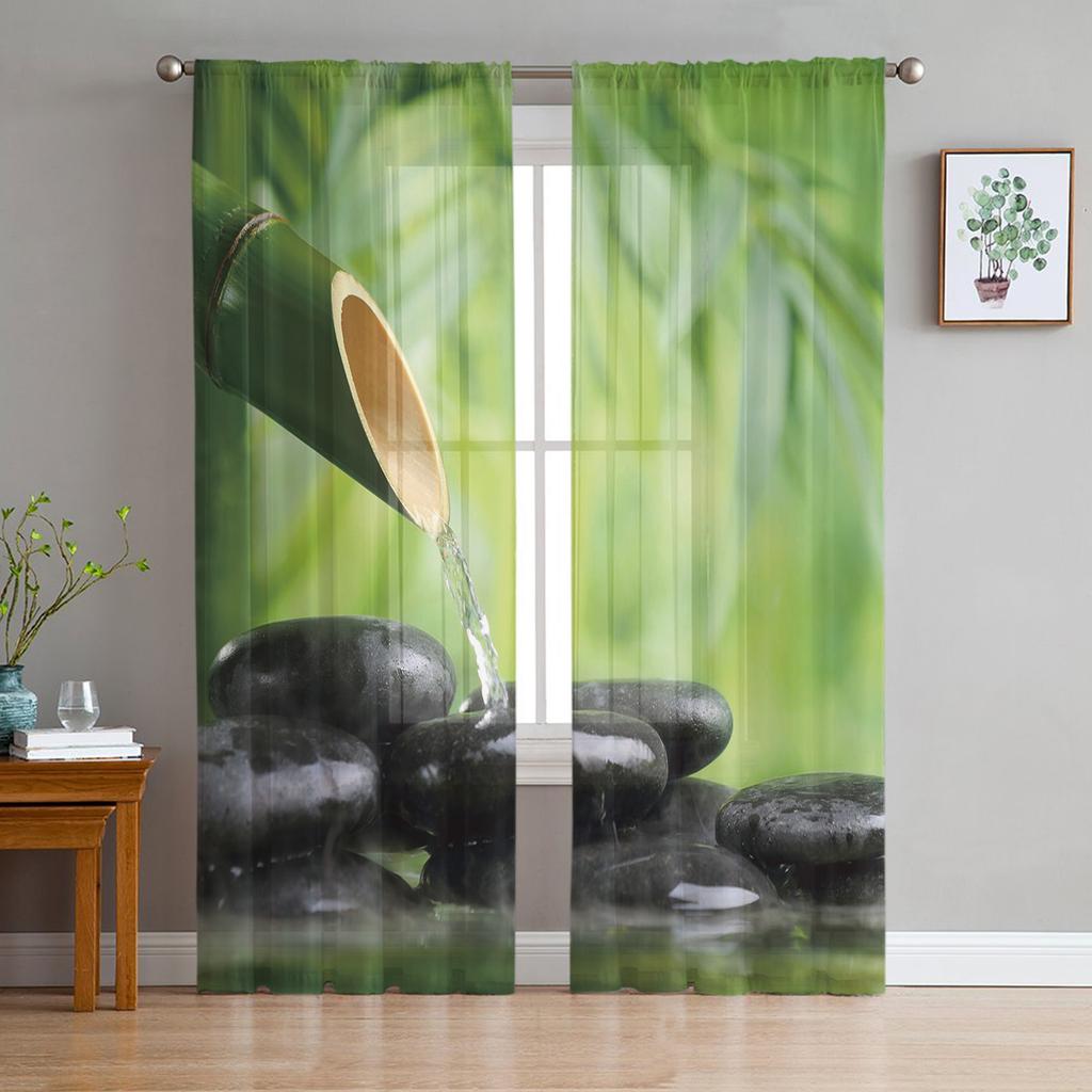 Zen Stones Orchids Flower Green Bamboo Tulle Curtains for Living Room Bedroom Decor Transparent Sheer Voile Window Curtain