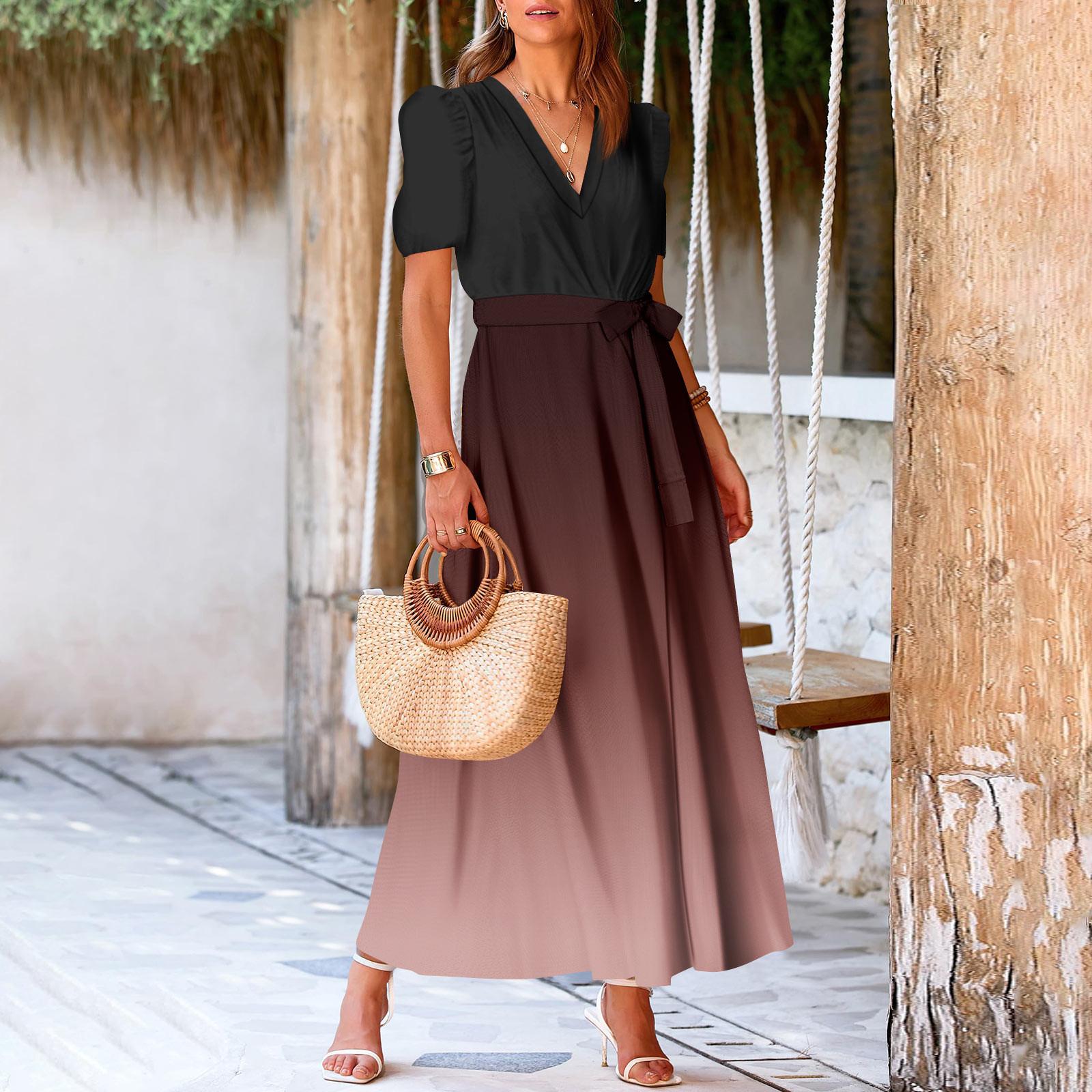 

Жіноча літня сукня вільна пляжна відпустка повсякденна глибокий V-подібний виріз жилет елегантна сукня-сорочка L коричневий