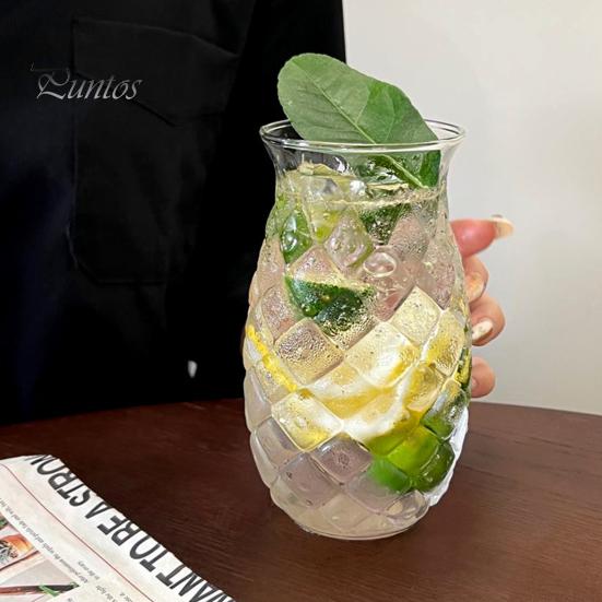 Cold And Hot Drink Glass Pineapple Embossed Cup, 480ml Juicer Tumbler for Drinks, Soda Retro Textured Water Coffee Home Bar, Vintage Gift Women