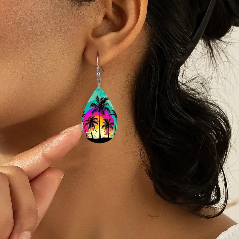 Colorful Dusk Sunset Coconut Tree Artificial Leather Earrings for Women Reversible Pattern Lightweight Teardrop Earrings