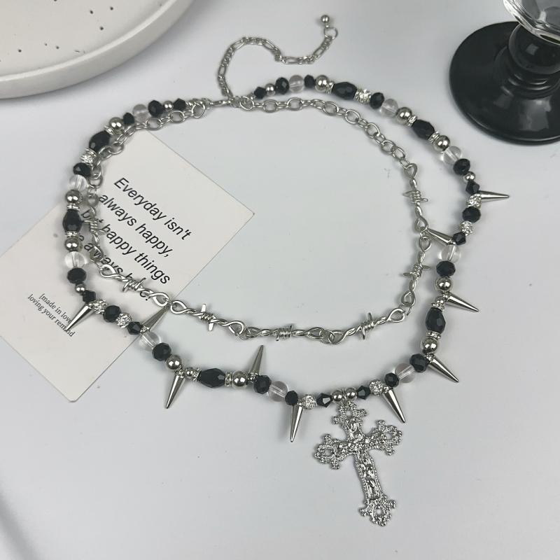 Gothic Dark Style Beaded Thorns Rivet Cross Necklace Women'S Punk Vintage Double Layer Chain Jewelry Accessory