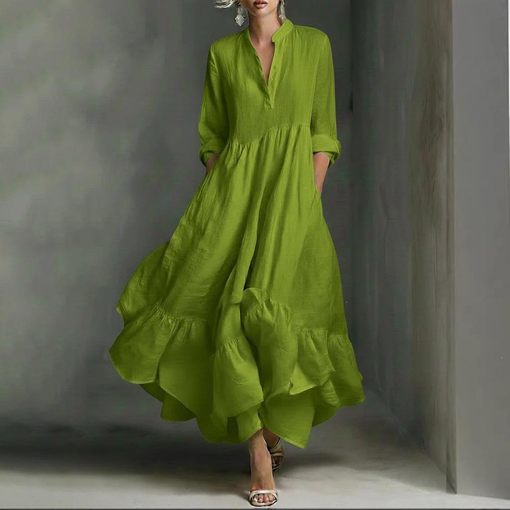 Women's Long Sleeve Loose Fit Maxi Dress Solid Color Round Neck Button Front Casual Full Length Dress with Flared Hem