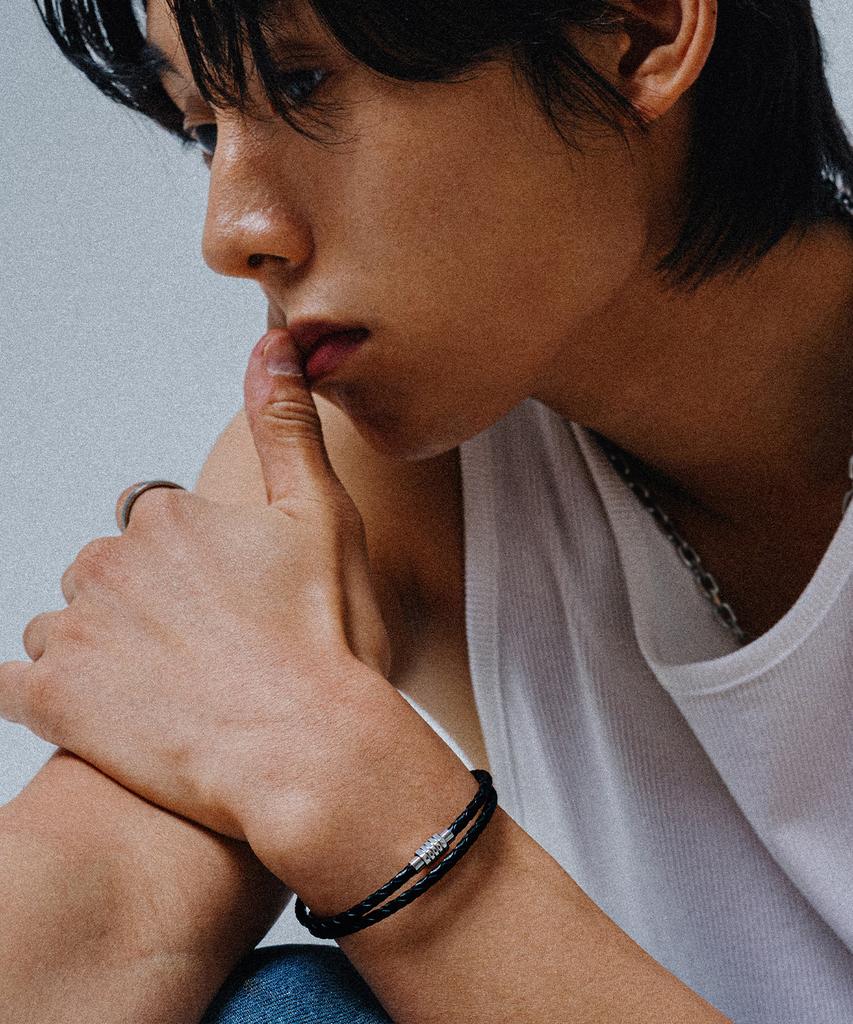Scalettoblack Bw001 [Surgical Steel] Basic Layered Leather Bracelet