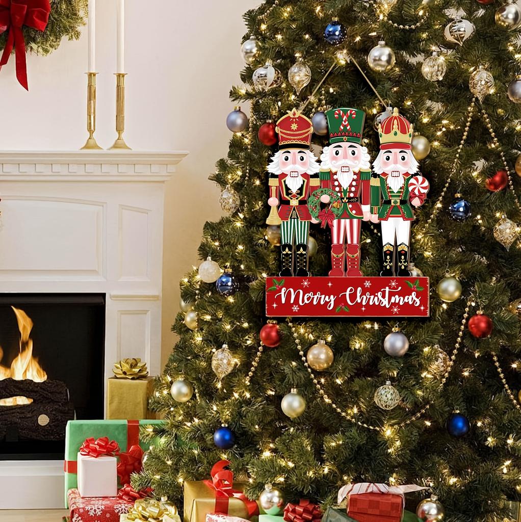 1Pcs Christmas Theme Hanging Sign Rustic 2D Wooden Three-position Soldier Sign Merry Xmas Door Hanger Wall Hanging Decorations