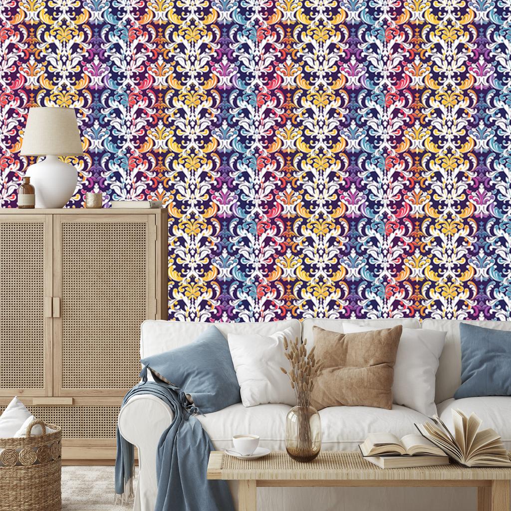 Baroque Damask Wallpaper Light Gray and Purple 50x1000