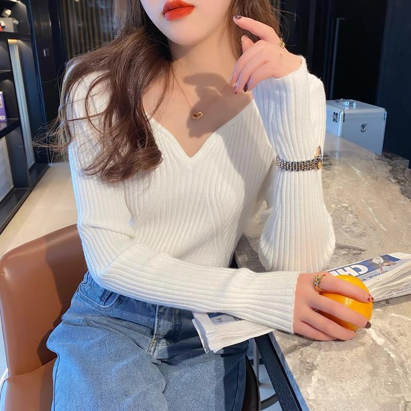 

Осенне-зимняя мода, пуловер с длинным рукавом, женский свитер с V-образным вырезом, свободная повседневная базовая рубашка 2025, трикотажный топ с V-образным вырезом, однотонная одежда One Size белый