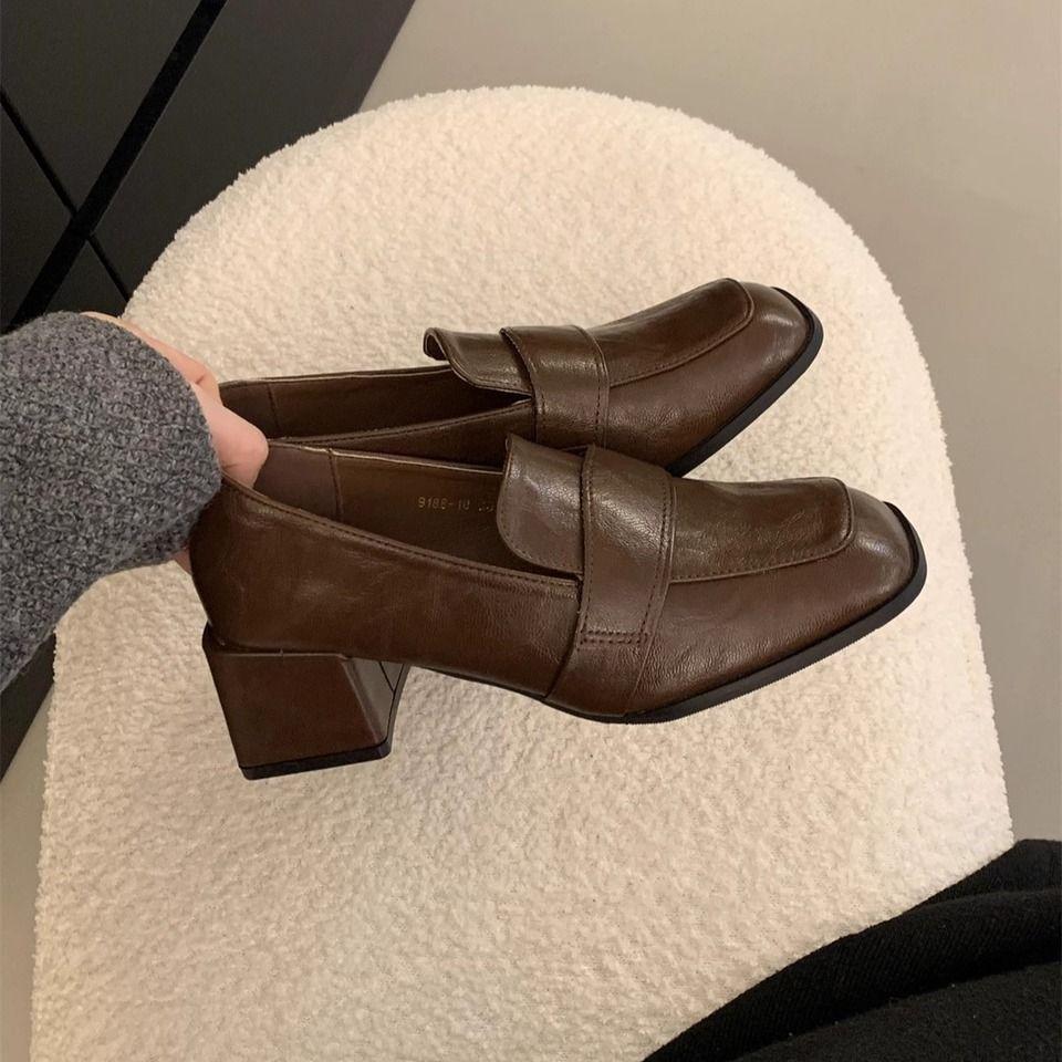 New Loafers Square Head Lazy One Pedal Thick High Heel Small Leather Shoes Versatile French Mary Jane Single Shoes Women's Middle Heel