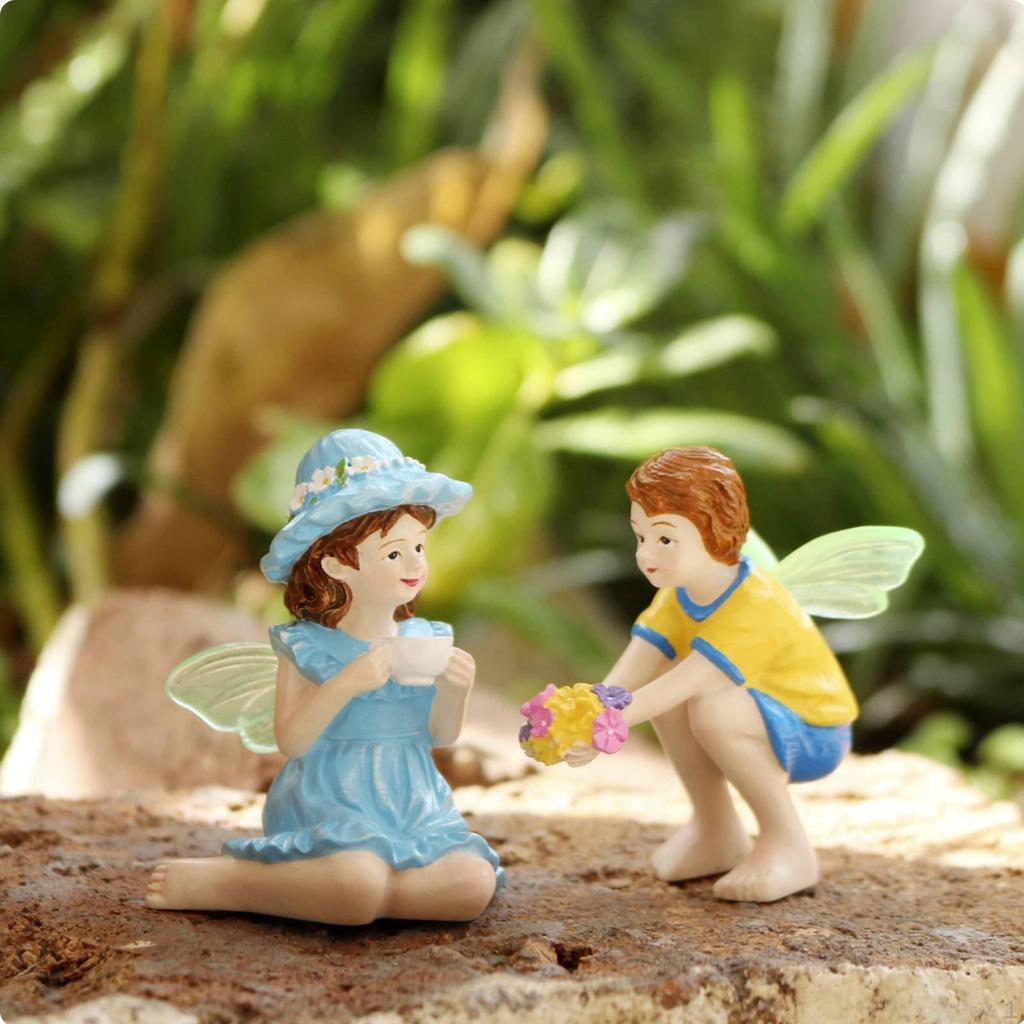 2 Pieces Boy and Female Fairy Figurines Hand Painted Miniature Whimsical Pair Statue Waterproof