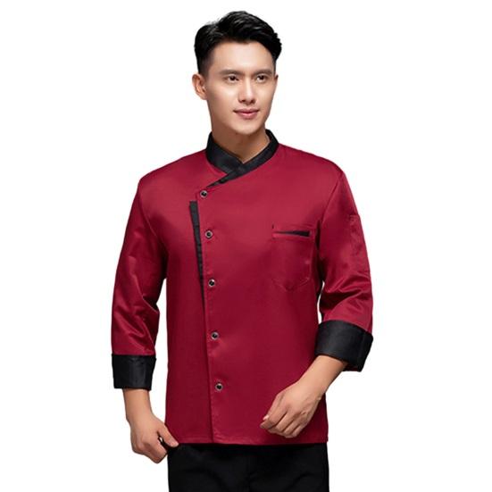 

Fall Winter Chef Shirt Long Sleeve Loose Stand Collar Satin Single-breasted Pocket Solid Color Breathable Soft Unisex Kitchen Cook M красный