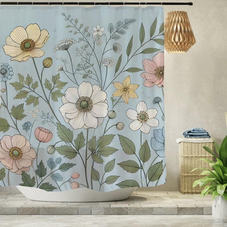 

Blue Floral Shower Curtain Botanical Blossom Bathroom Decor For Kids Girls Room, Waterproof Custom Curtains With 12 Hooks W60H190(CM)-1 Pcs