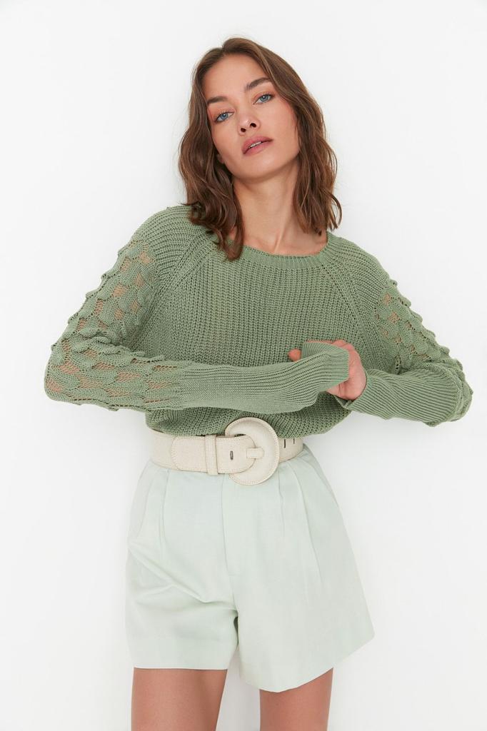 Women's Fashionable Stylish Sweater Mint Textured Crew Neck Knitwear Sweater