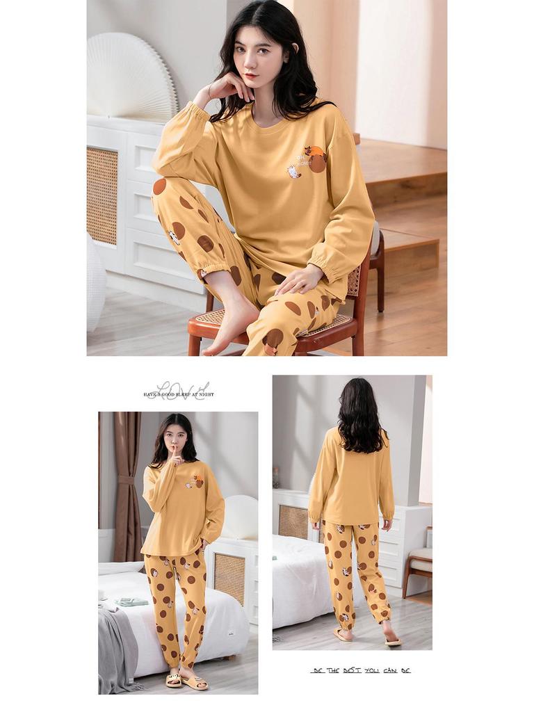 100% Cotton Women's Pajama Set – Breathable, Sweat-Absorbent, Long Sleeve Crew Neck for Indoor & Outdoor Wear (Autumn/Winter)