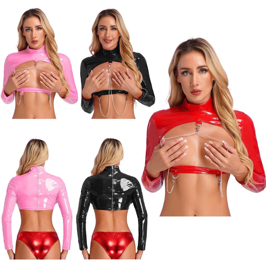Women's Patent Leather Long Sleeve Crop Top Tee Shirts Party Club Clubwear