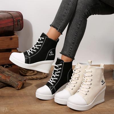 Large Size Canvas Shoes Wedge Heel Lace-up Spring New Casual High-heeled Canvas Shoes