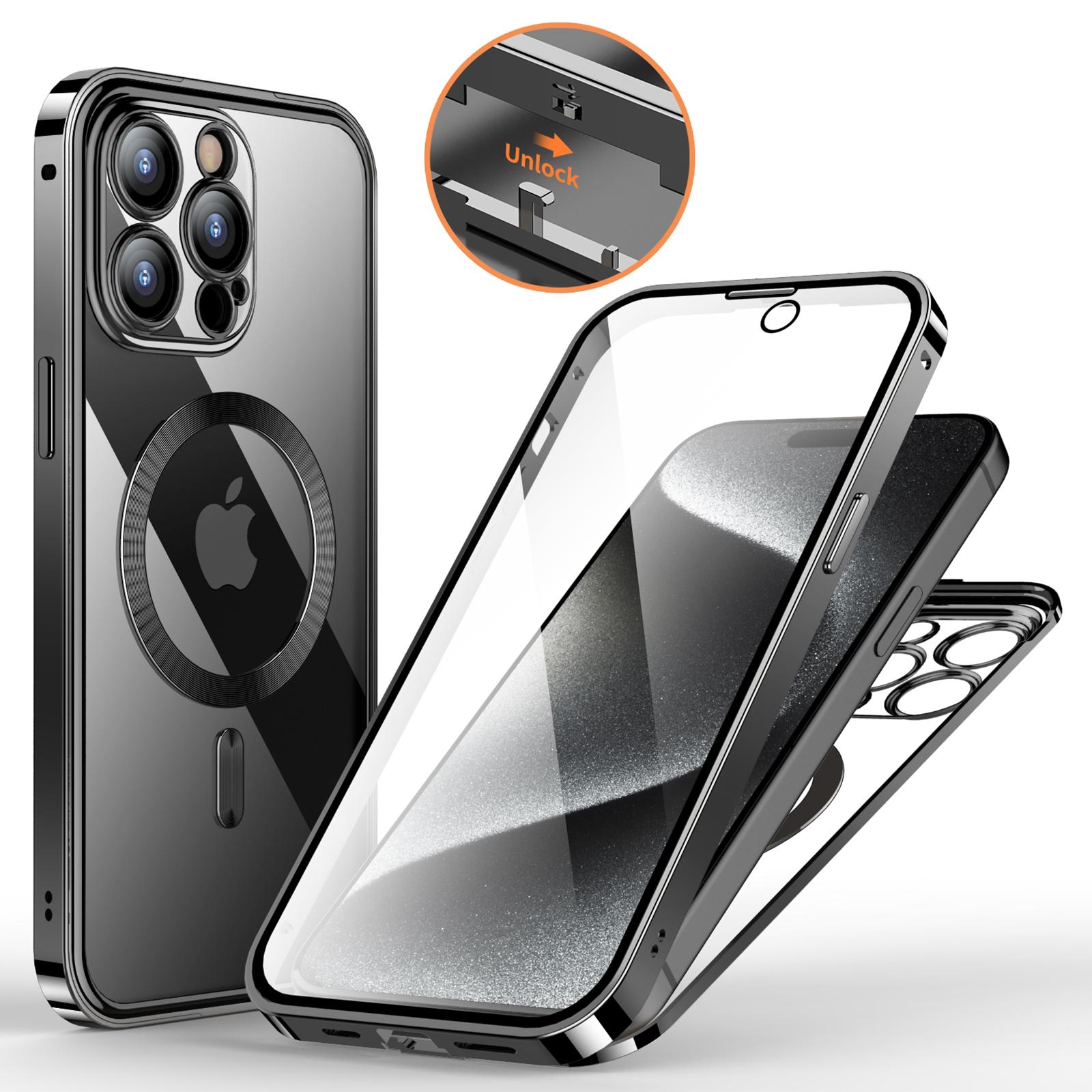 

For iPhone 15 Pro Max Case Compatible with MagSafe Tempered Glass+PC Phone Cover Double-sided Protection Black