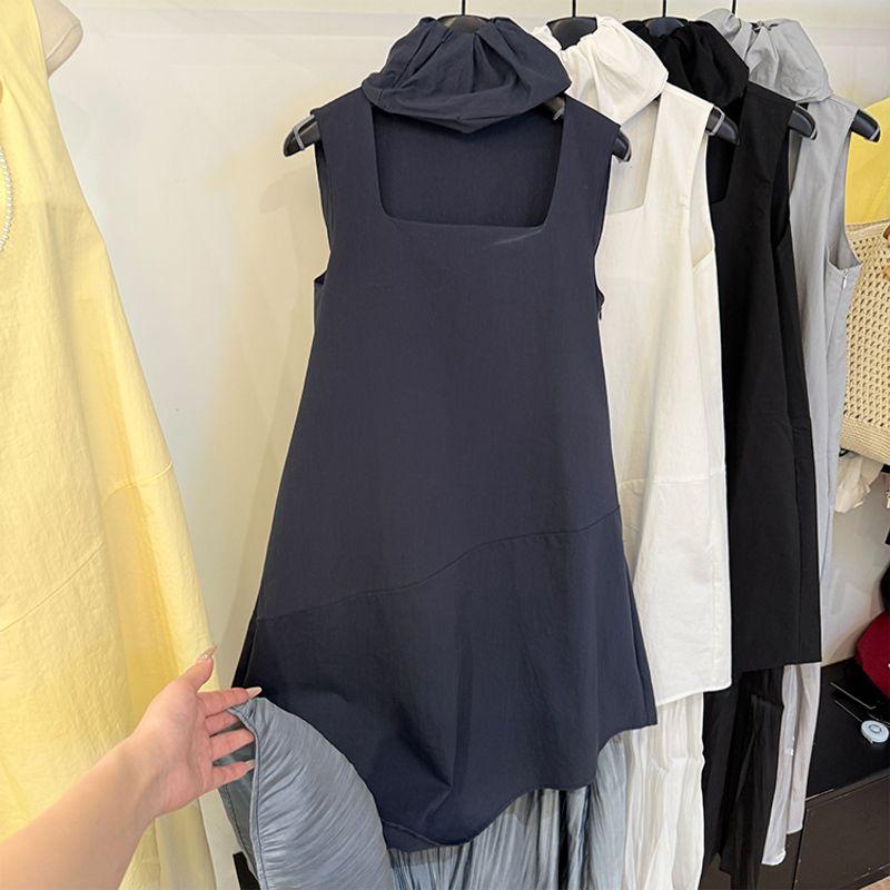 

Summer European Goods Fashion Square Collar Loose Sleeveless Vest Dress Women Irregular Design Patchwork Frill Long dress Navy M