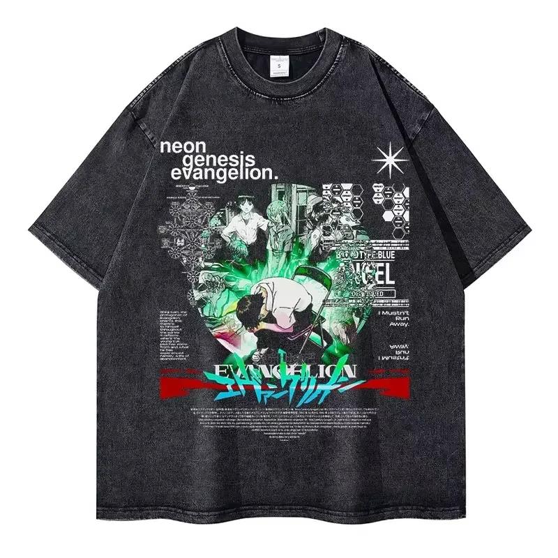 Summer Clothes EVA Anime Mens T Shirts Streetwear Brand Vintage Washed Women Short Sleeved Tee Casual Tops Hiphop
