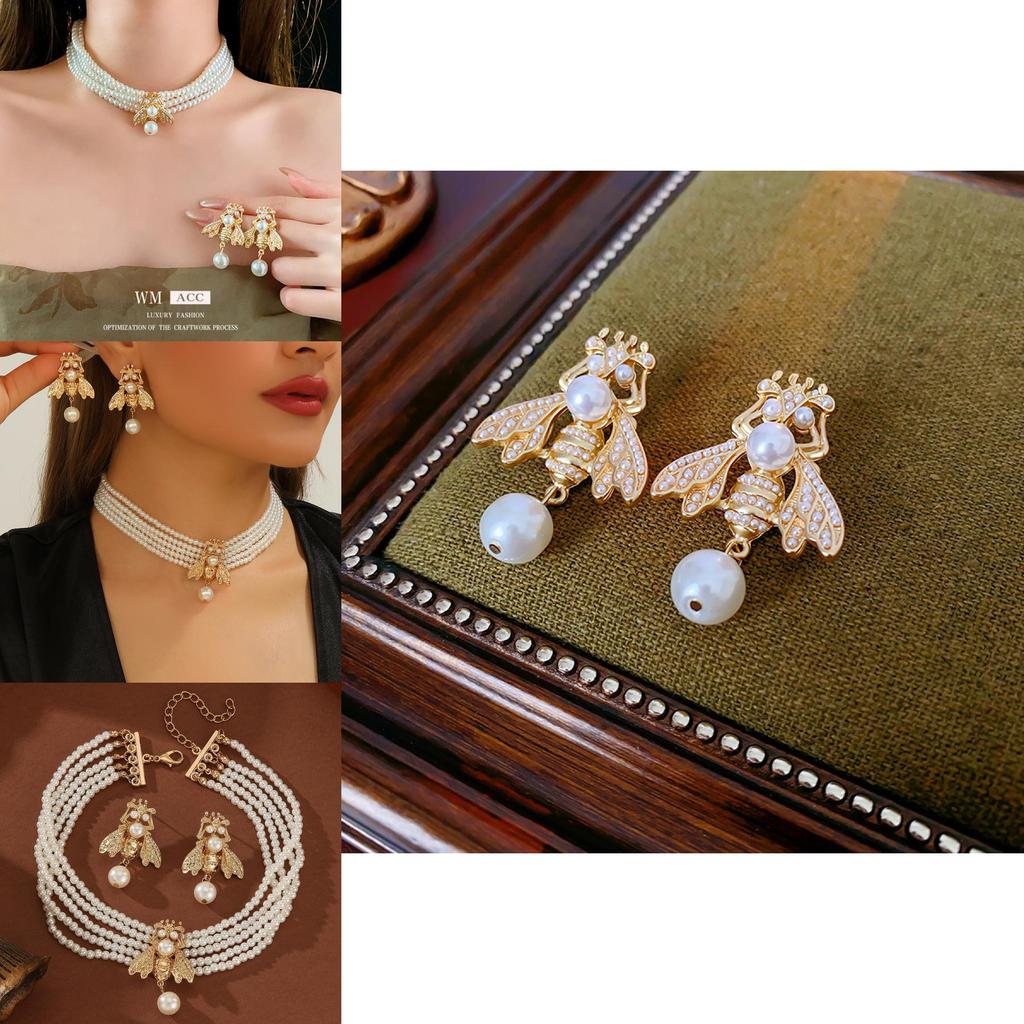Pearl Animal Jewelry Set With Gold Small Bee Pendant And Earrings For Women