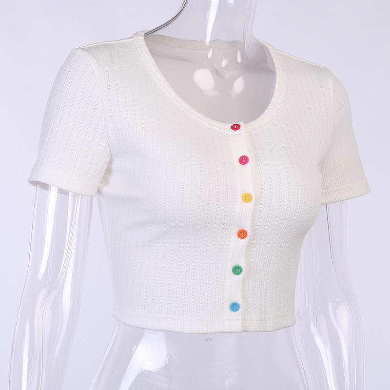 Summer Ribbed Tops Sexy Colorful Buttons T Shirt Short Sleeve Crop Top