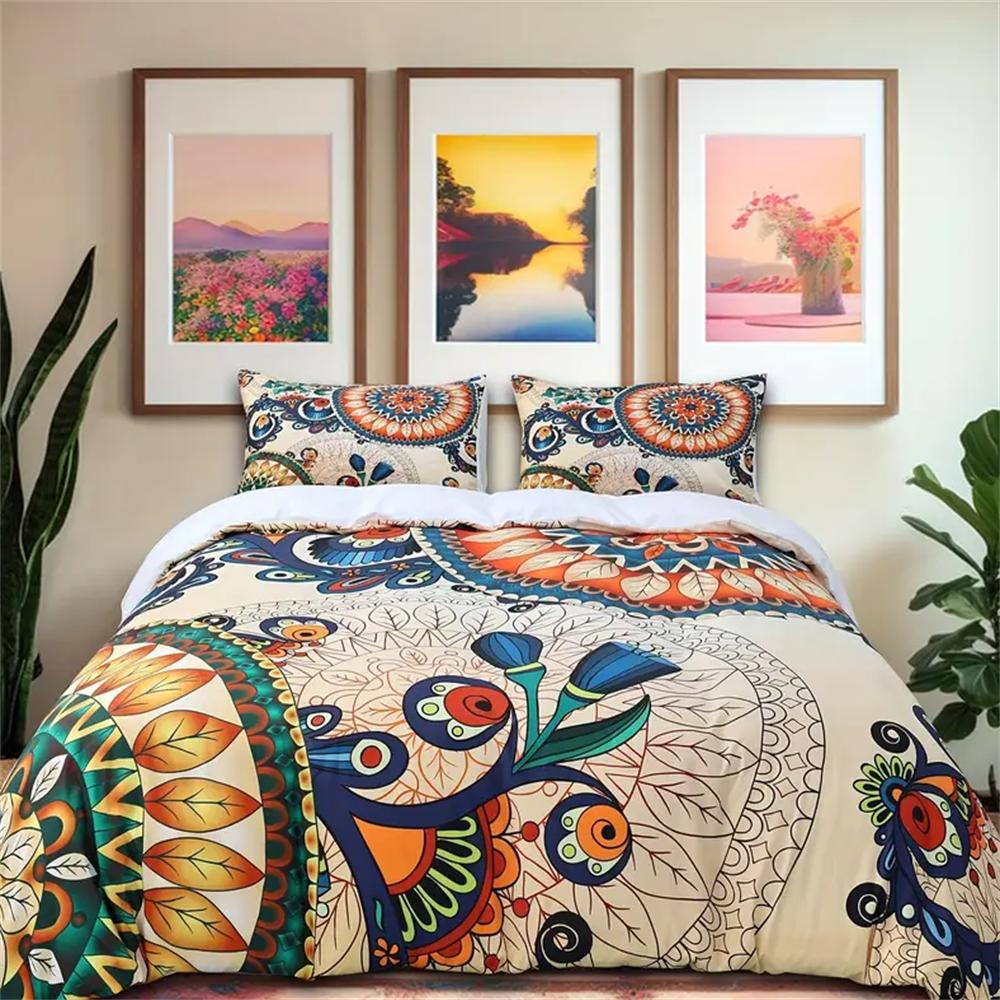 Vintage Floral Bohemian Duvet Cover Set - Soft, Indian Mandala Printed Hippie Bedding with 2 Matching Pillowcases - No Filler