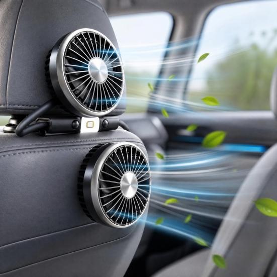 Dual Head Car Fan, Built-in Lighting, 360-degree Adjustable 3 Speed USB Seat Cooling Fan, Low Noise Truck SUV RV Accessory