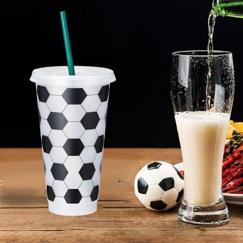 Soccer Print Tumbler with Straw Reusable Drinking Cup for Sports Theme Party Game Day Accessory Plastic Cup