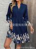 European and American Temperament Elegant Printing Women's Seven-quarter-sleeved V-neck Ruffle Hem Dress Women