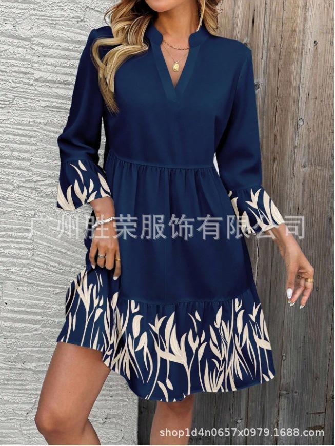 European and American Temperament Elegant Printing Women's Seven-quarter-sleeved V-neck Ruffle Hem Dress Women