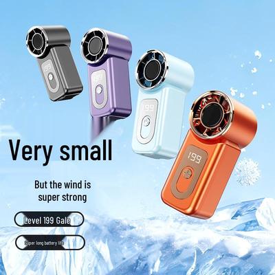 Compact Handheld USB Fan with Digital Display, Long-lasting Battery, Turbo Mode, Model M09, Pocket-Sized for Outdoor Use.