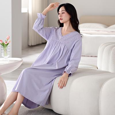 Spring And Autumn Women'S Pajamas With Chest Pads Integrated Anti-Pitting Loose Large Size Pure Cotton Long-Sleeved Nightgown