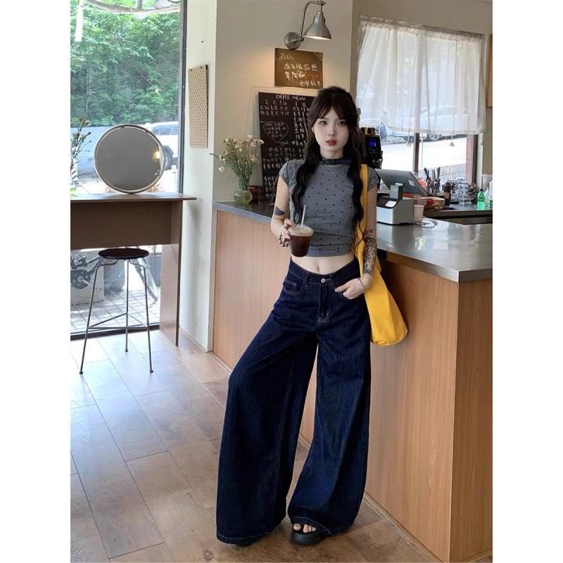 Women's High-Waisted Dark Blue Wide-Leg Jeans, Spring 2025 - Slimming, Hot Girl Style, Loose Straight-Leg Floor-Length Design