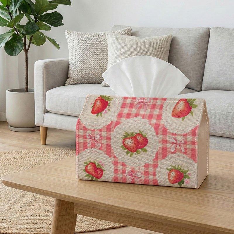 2D Flat, 1 Vintage Tissue Box, Strawberry Lace Pattern - Vintage Plaid Dessert Style, Durable Polyester Material, Two Sizes Available, Suitable for Ki