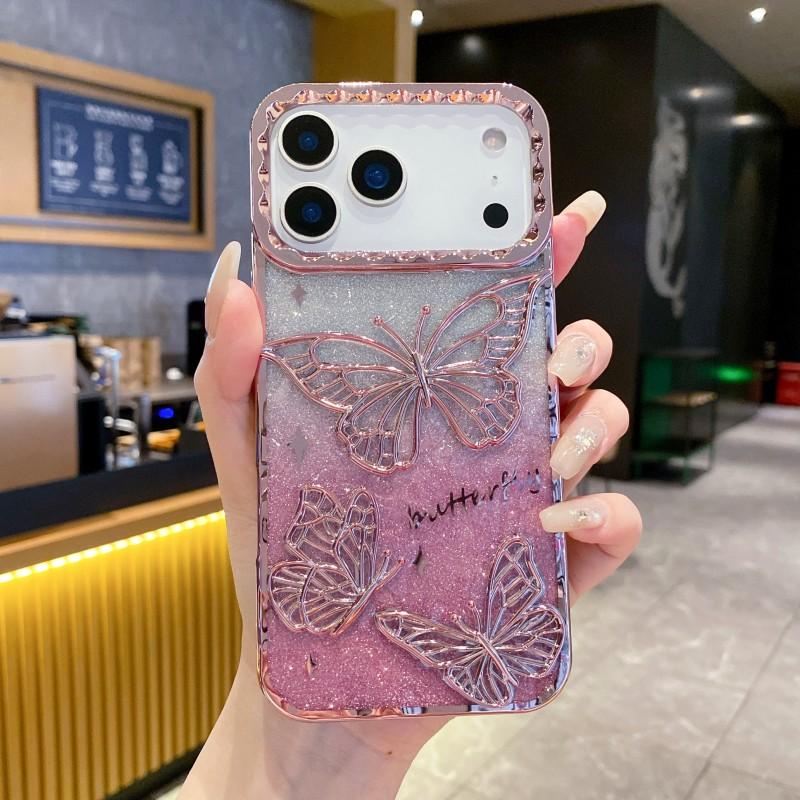 3D Butterfly Glitter Case For iPhone 17 Pro Max 17 Air 17Pro Shockproof Transparent Soft TPU Plating Phone Back Cover